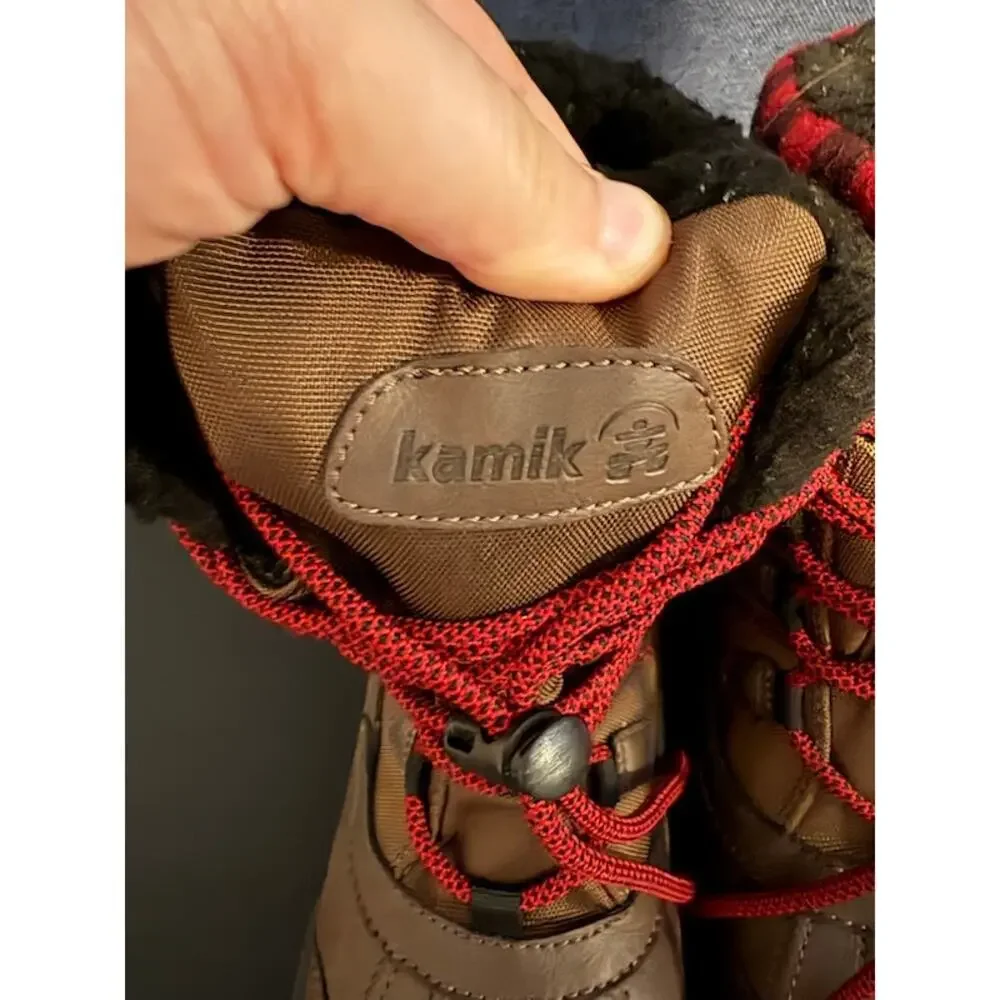 Kamik Kids' Sesame 200g Insulated Waterproof Winter Boots Brown Plaid Cuff sz 2